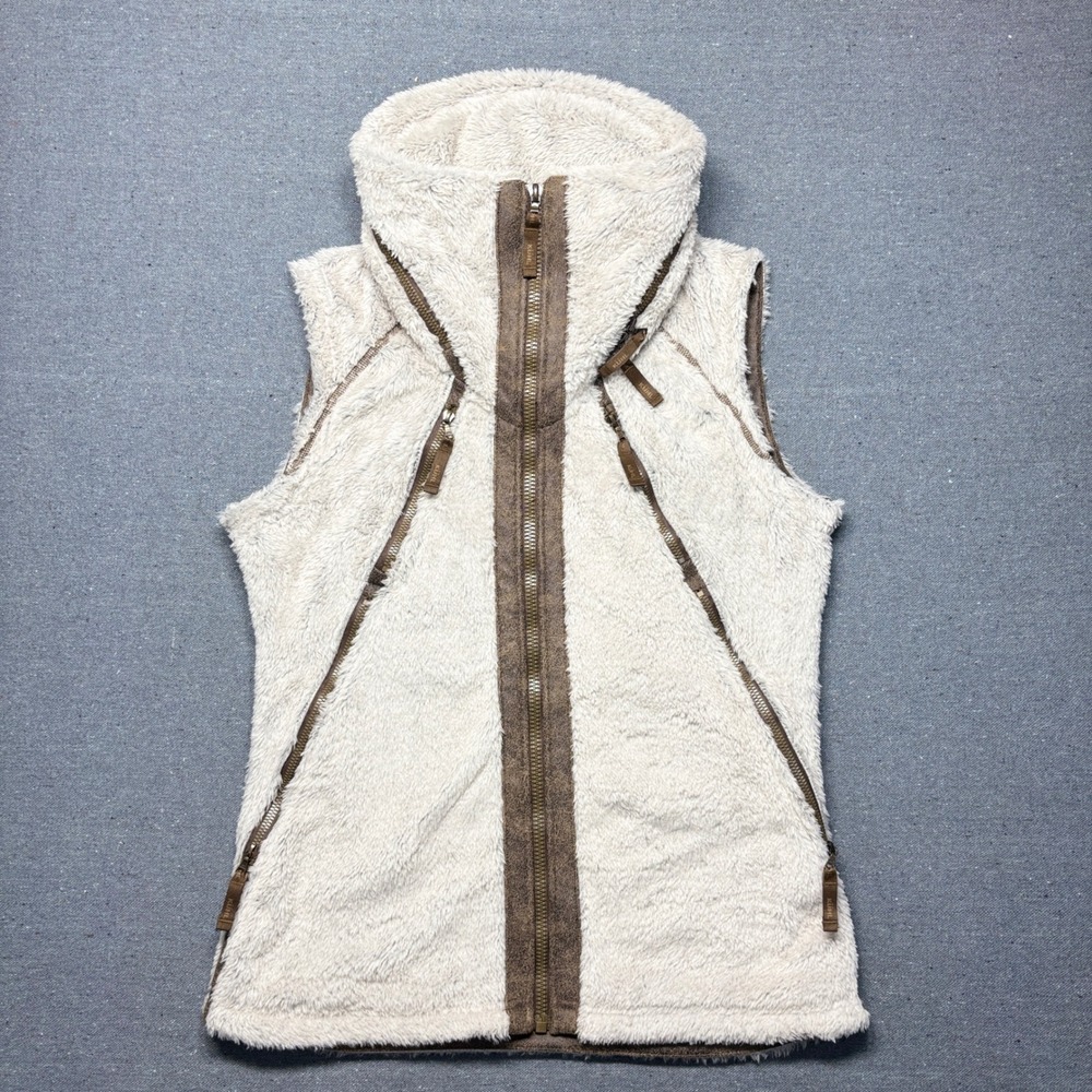 KUHL Flight Vest Women Small Oatmeal Fleece Full Zip Hooded 2056